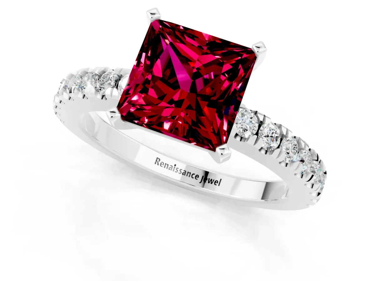 Princess Cut Solitaire Garnet with Pavé Band and Four-Prong Setting Silver