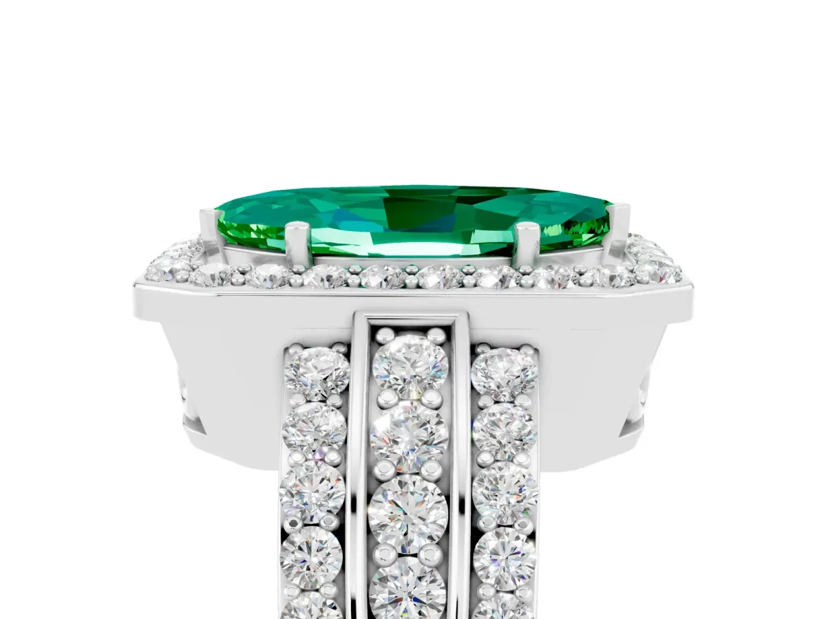 Marquise Cut Halo Emerald Ring with Round Split Shank and Prong Setting Silver