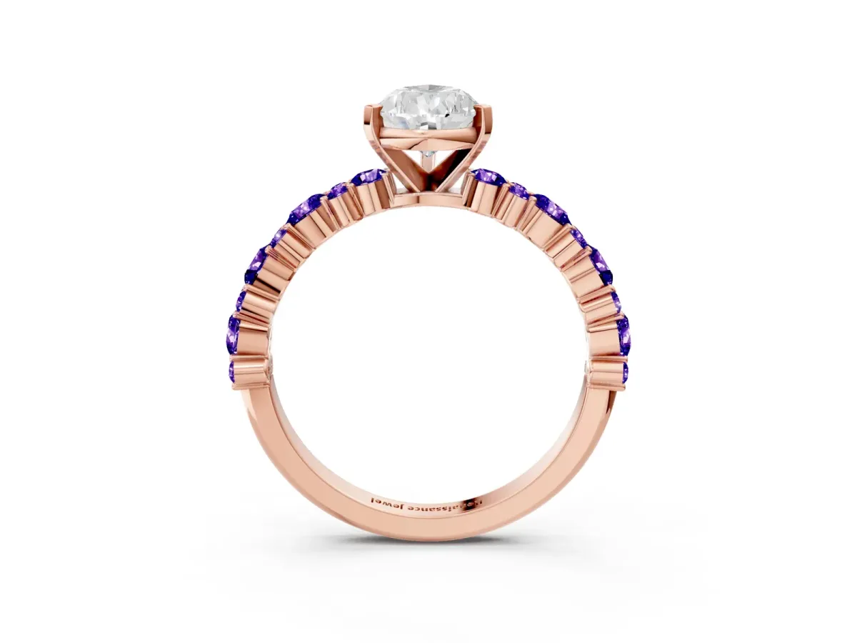 Pear Cut Diamond Side Stone Solitaire Ring with Round Tanzanite and Four-Prong Setting Rose gold
