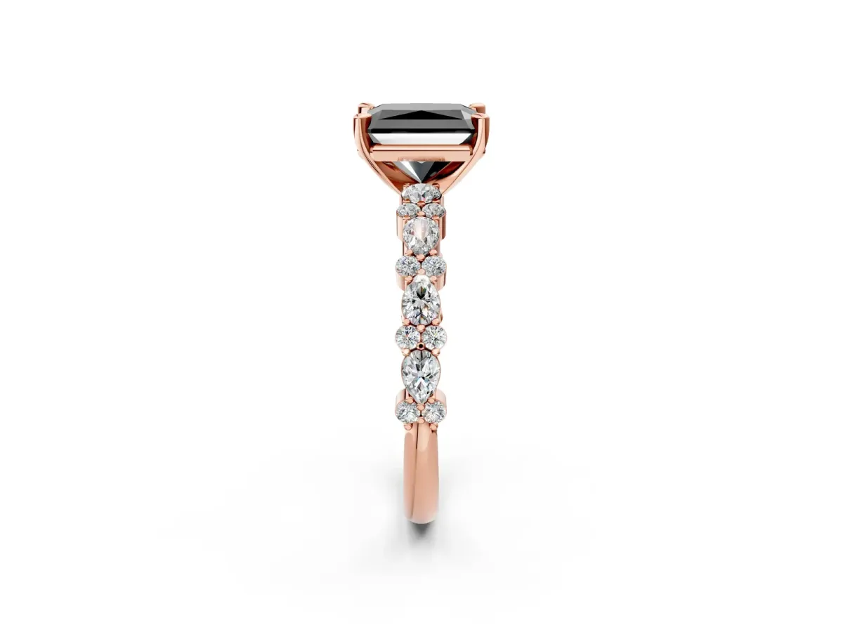 Fancy Black Radiant Cut Diamond Side Stone Solitaire Ring with Round and Four-Prong Setting Rose gold