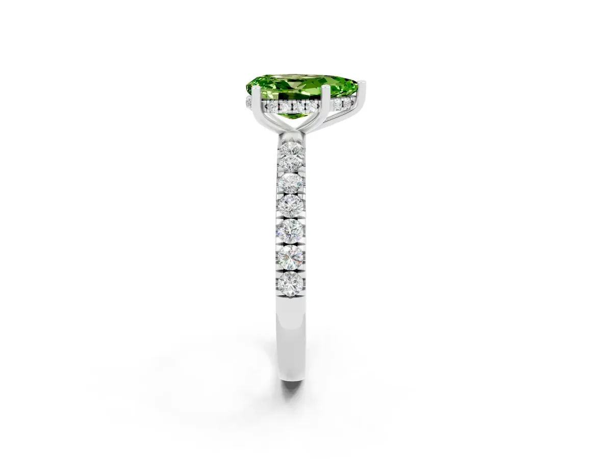 Pear Cut Peridot Pave Band Solitaire Ring with Round and Prong Setting White gold
