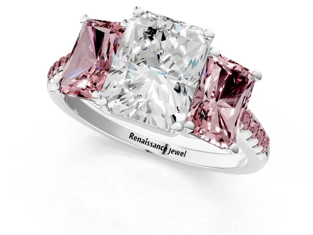 Three-Stone Radiant Cut Diamond Ring with Round Morganite Pavé Band and Prong Setting Silver