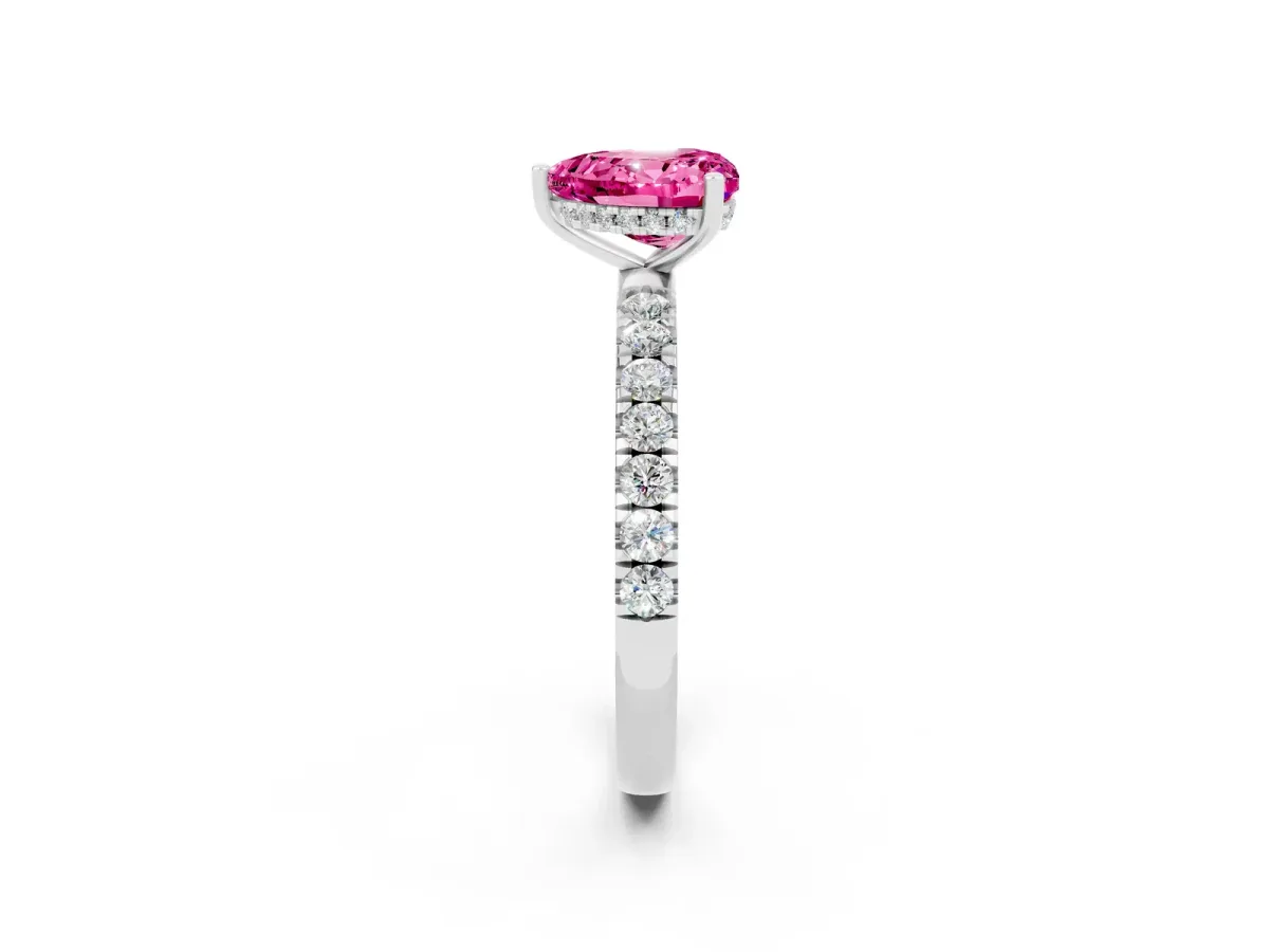 Heart Cut Pink Sapphire Pave Band Solitaire Ring with Round and Prong Setting Silver