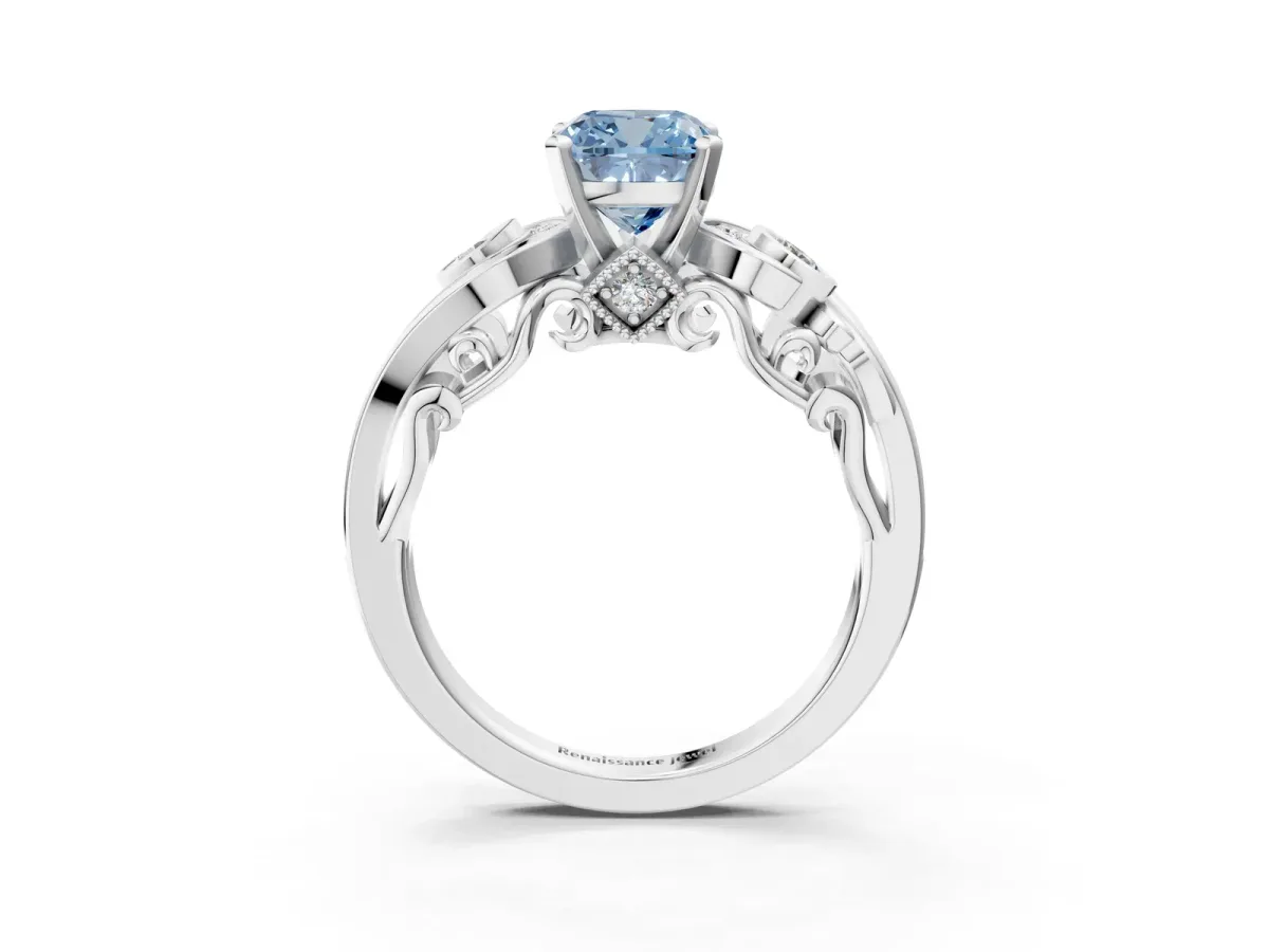 Fancy Blue Cushion Cut Diamond Solitaire Ring with Milgrain Pavé Band and Four-Prong Setting Silver