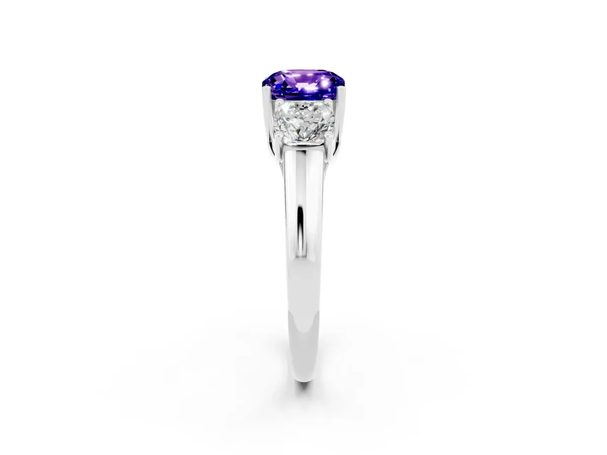 Three-Stone Cushion Cut Tanzanite Engagement Ring with Prong Setting White gold