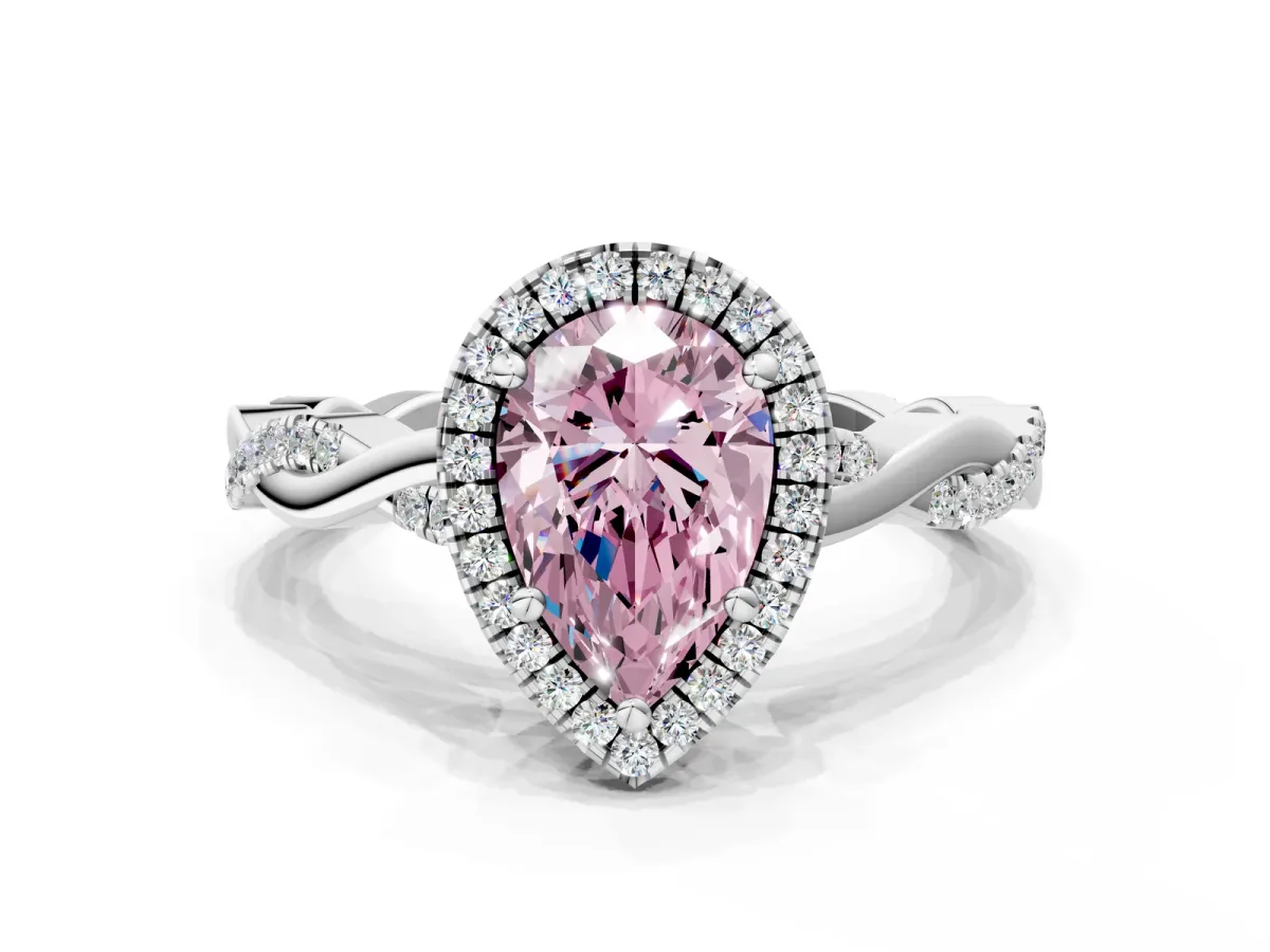 Fancy Pink Pear Cut Cut Halo Twisted Band Four-Prong Ring Platinum