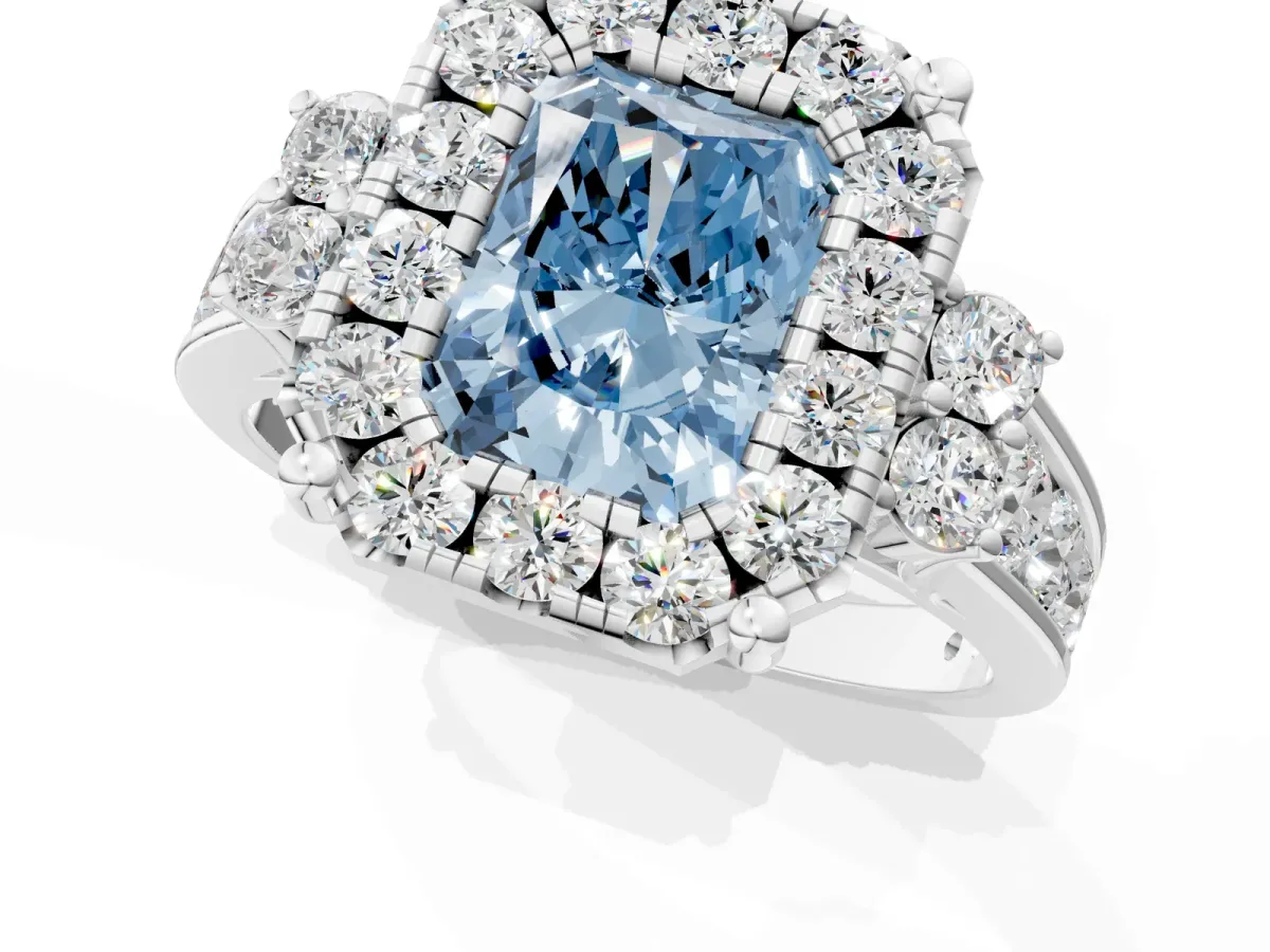 Fancy Blue Radiant Cut Halo Diamond Engagement Ring with Split Shank and Four-Prong Setting Platinum