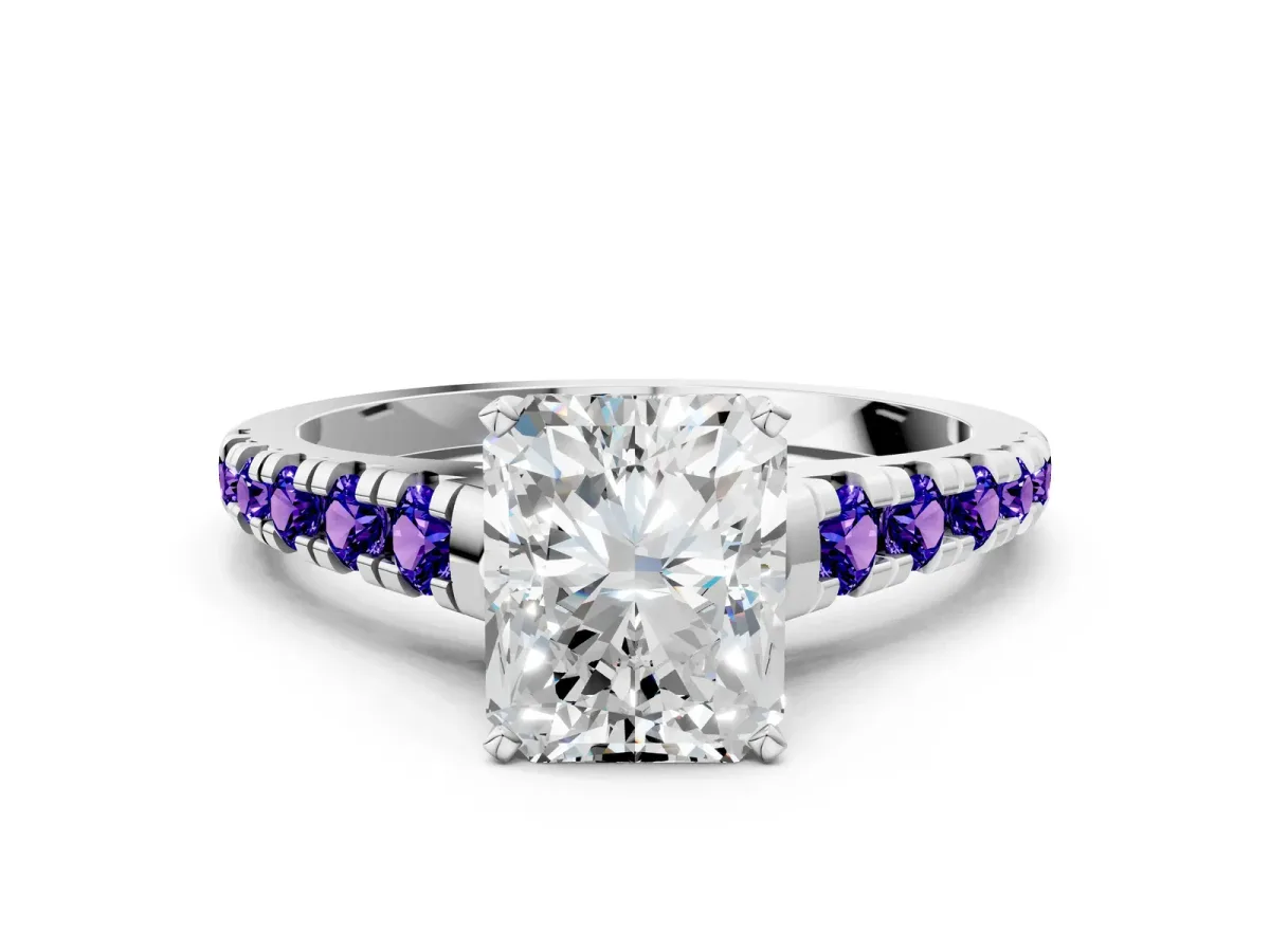 Radiant Cut Diamond Cathedral Solitaire Ring with Round Tanzanite Pavé Band Silver