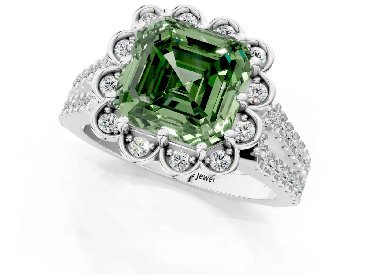 Fancy Green Asscher Cut Halo Diamond Floral Split Shank Engagement Ring Platinum