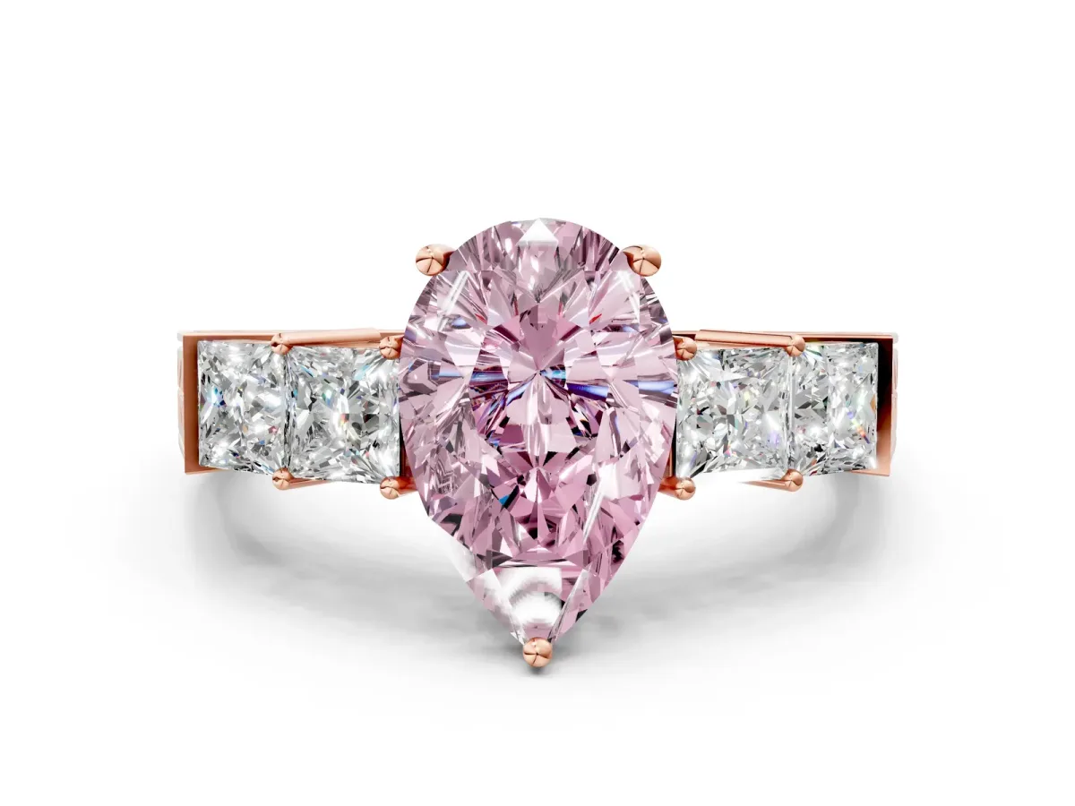 Fancy Pink Pear Cut Solitaire Princess Side Stone Engraved Band Prong Setting Ring Rose gold