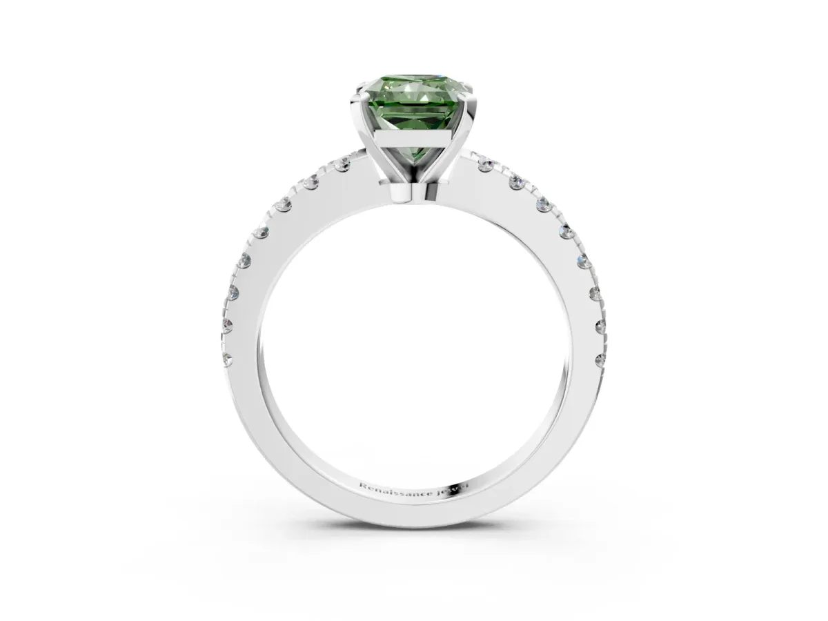 Fancy Green Radiant Cut Solitaire Diamond with Pavé Band and Four-Prong Setting Silver