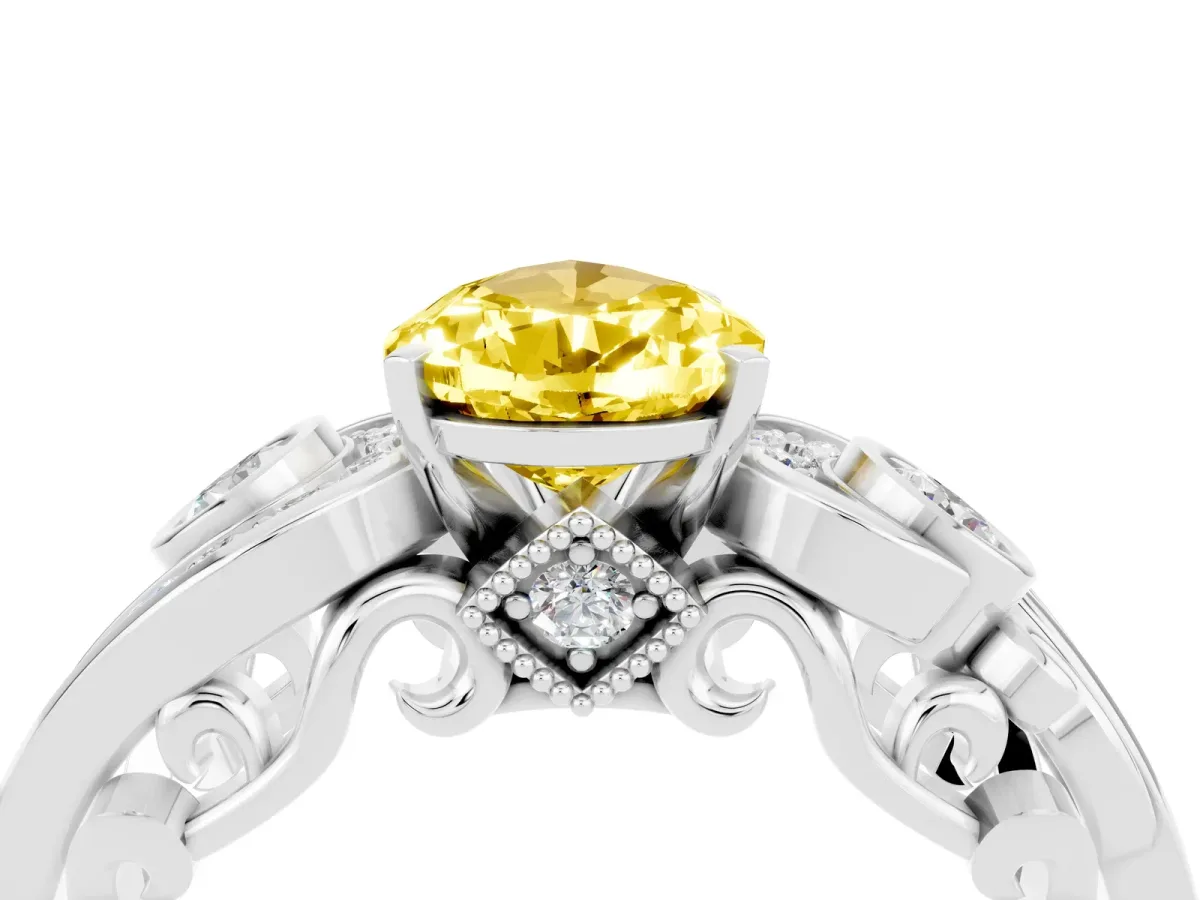 Pear Cut Yellow Sapphire Solitaire Ring with Milgrain Pavé Band and Four-Prong Setting Silver