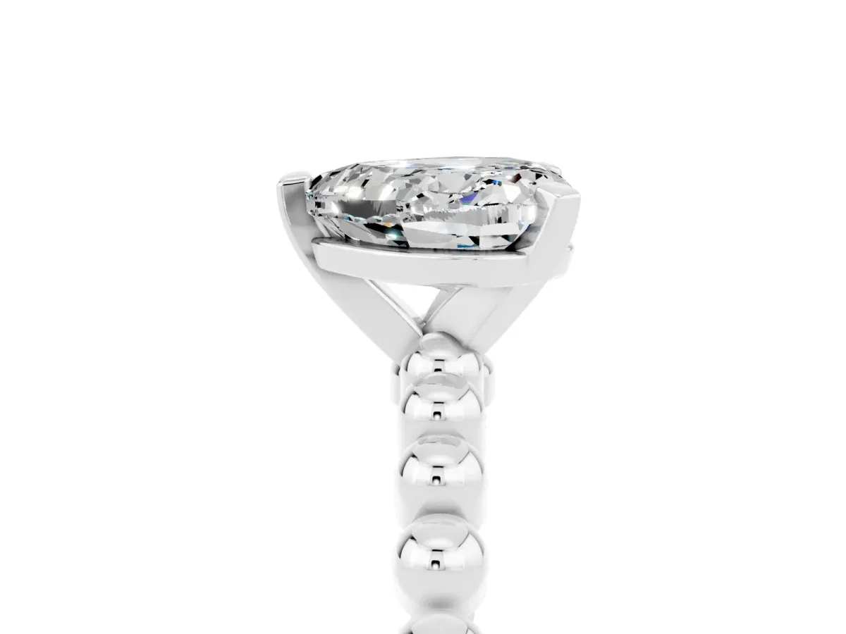 Heart Cut Moissanite Solitaire Ring with Beaded Band and Prong Setting Silver