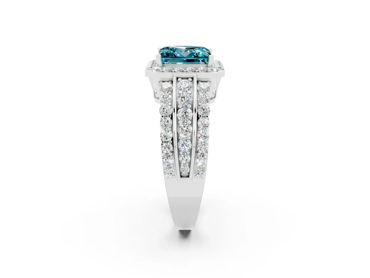 Princess Cut Halo Blue Topaz Ring with Round Split Shank and Prong Setting Silver