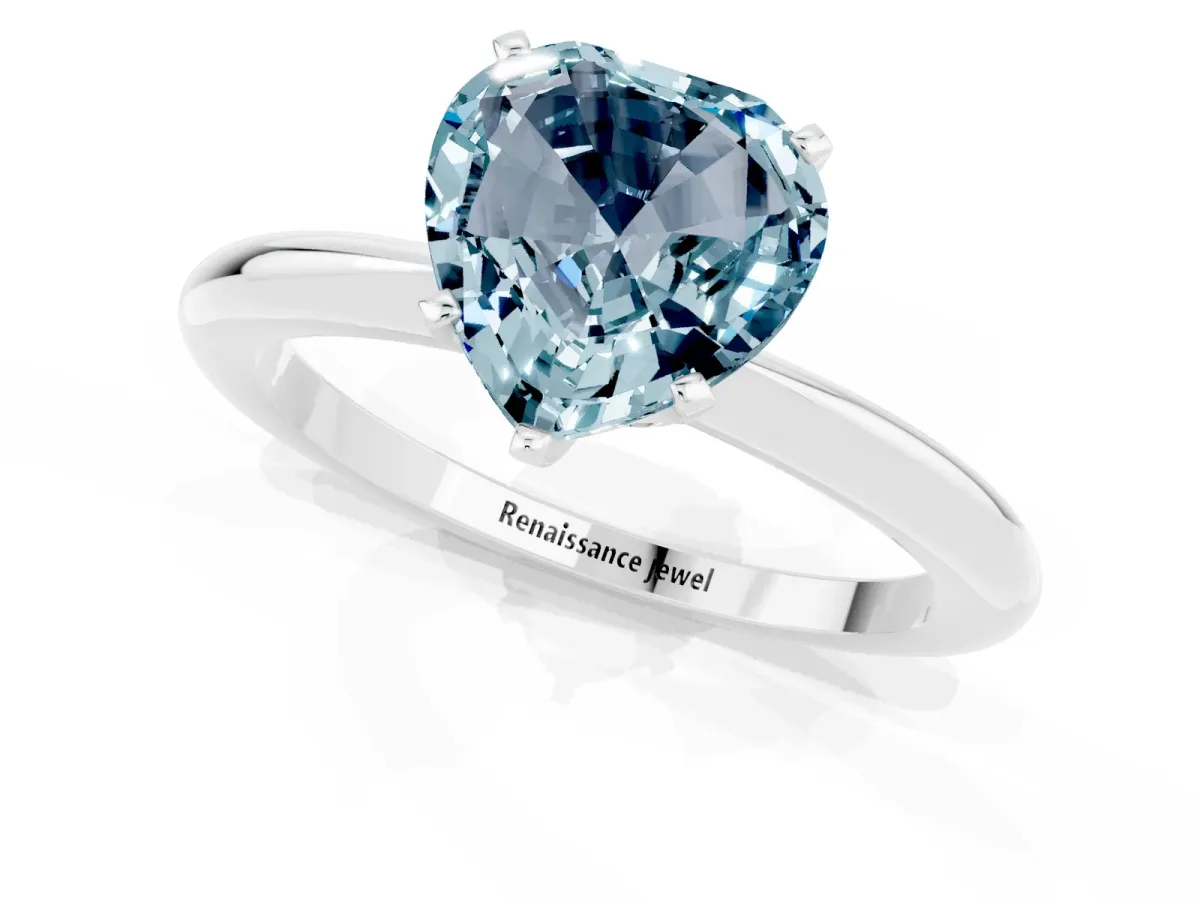 Heart Cut Aquamarine Solitaire Ring with Six-Prong Setting and Classic Band Silver