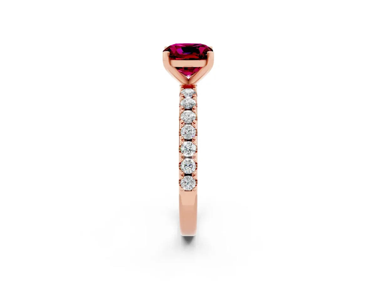 Cushion Cut Garnet Solitaire Pavé Band with Four-Prong Setting Rose gold