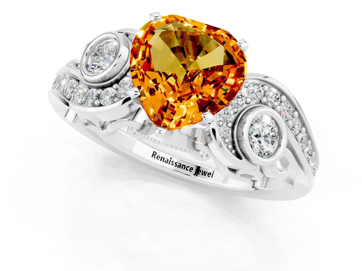 Heart Cut Citrine Solitaire Ring with Milgrain Pavé Band and Four-Prong Setting Silver