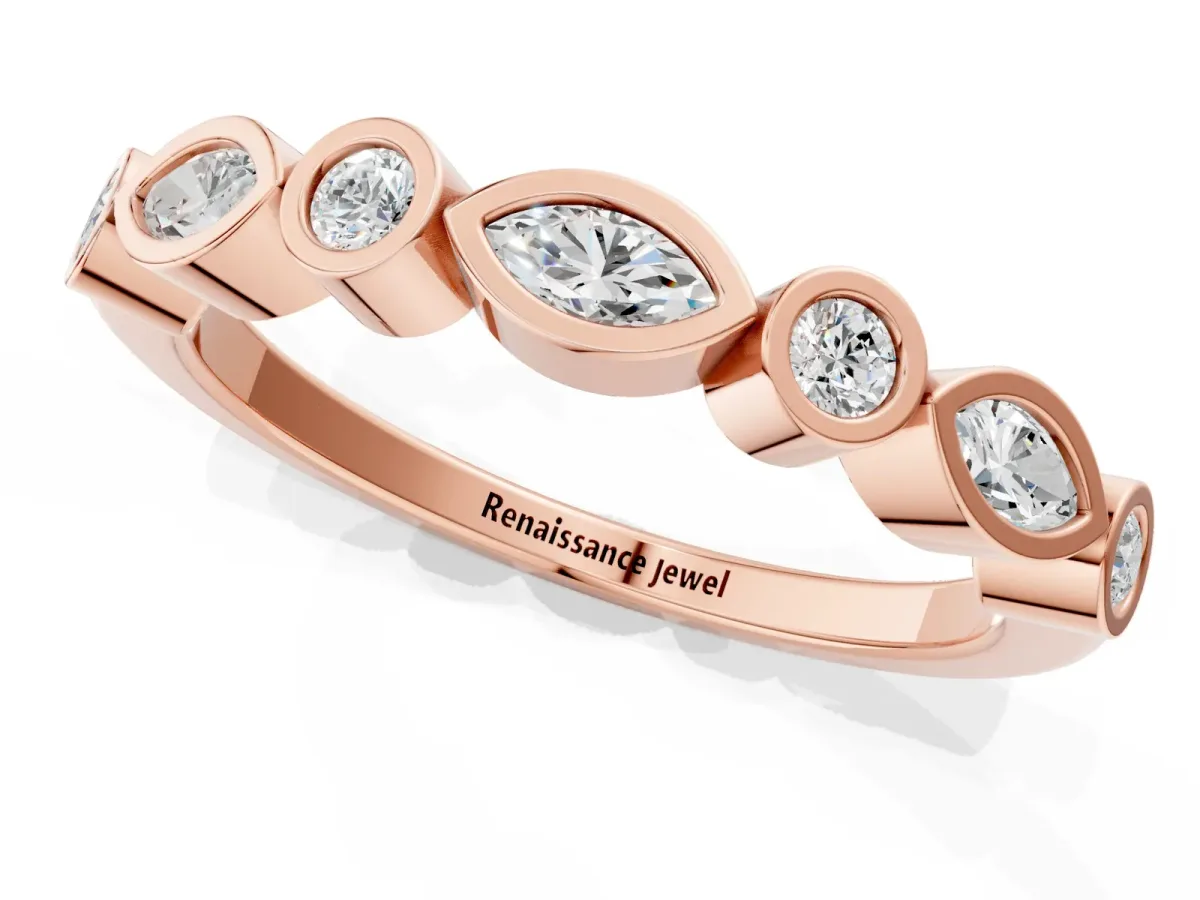Bezel Set Marquise and Round Diamond Stackable Band Rose gold