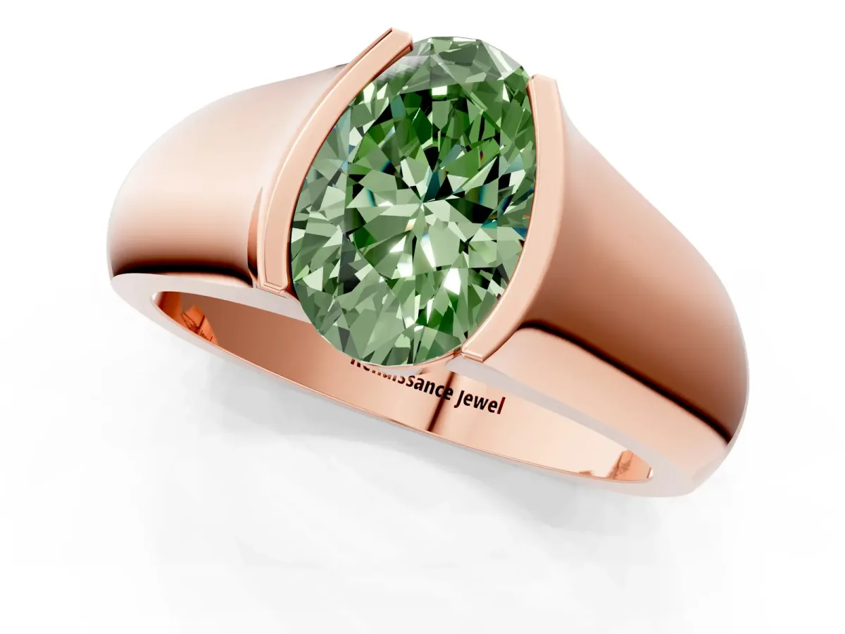 Fancy Green Oval Cut Solitaire Bezel Set Diamond Ring with Wide Band Rose gold