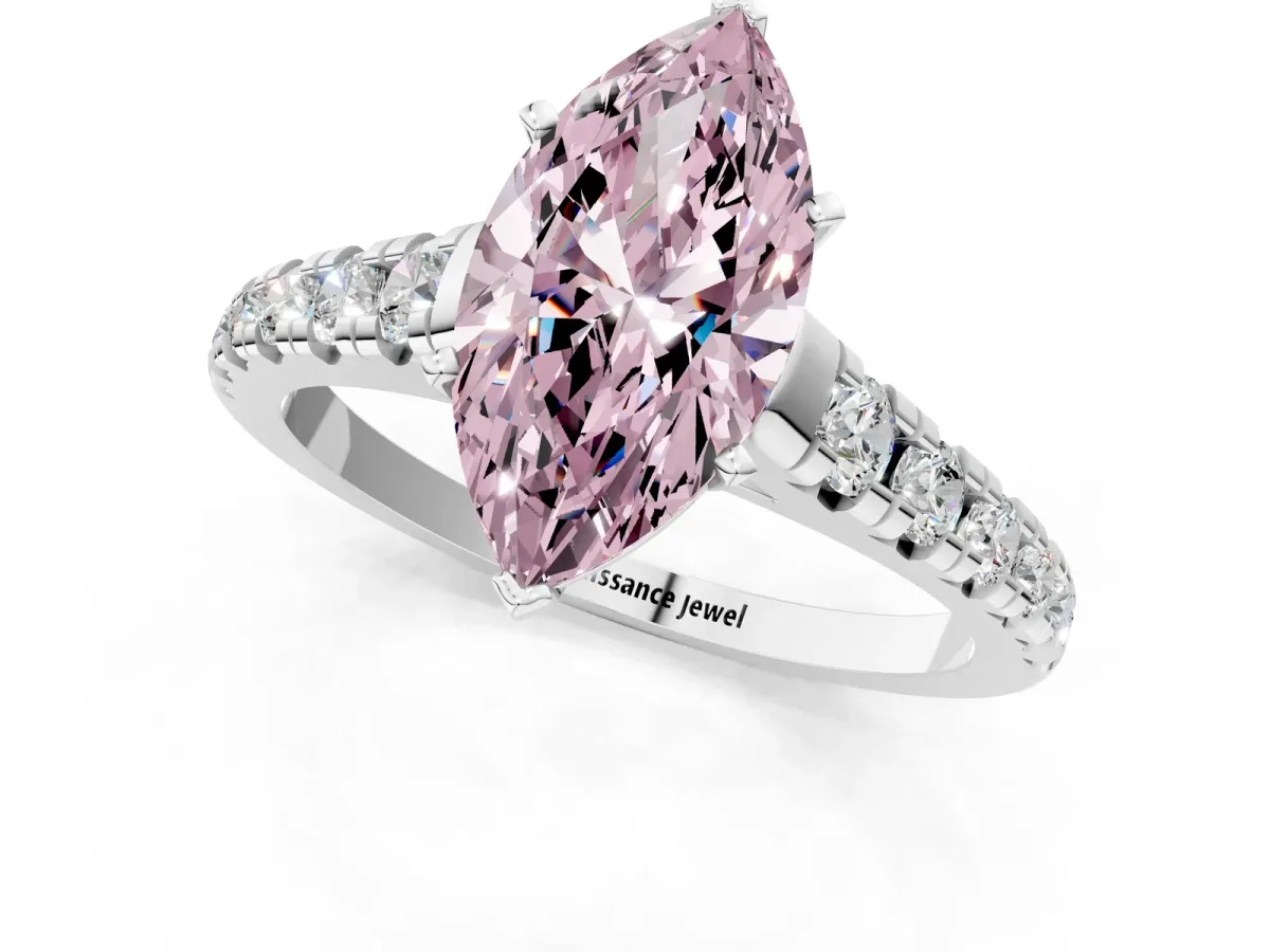 Fancy Pink Marquise Cut Diamond Cathedral Solitaire Ring with Round Pavé Band Silver