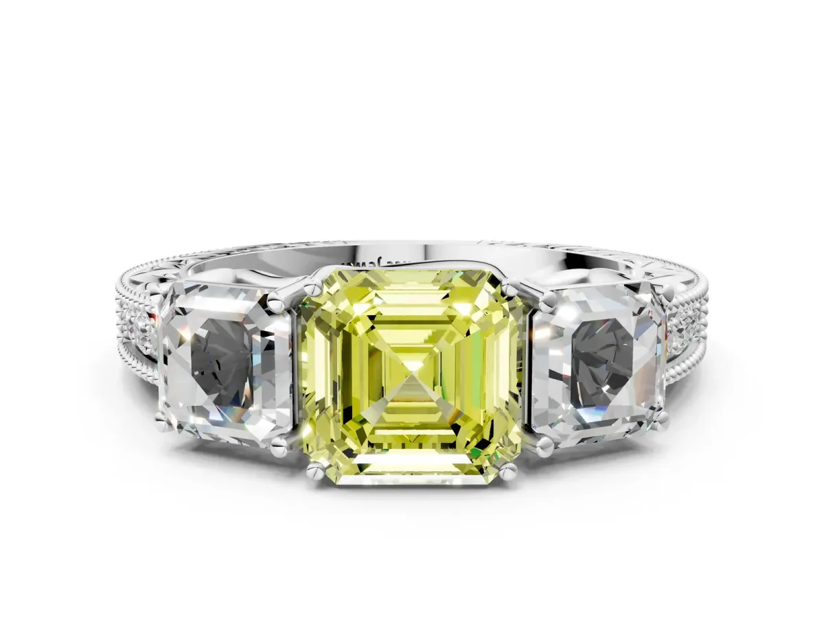 Fancy Yellow Three-Stone Asscher Cut Cut Milgrain Pavé Engagement Ring Platinum