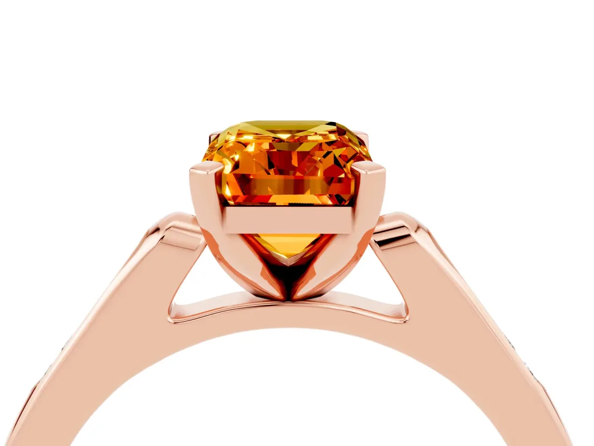 Emerald Cut Citrine Solitaire Ring with Channel Set Round Band and Prong Setting Rose gold