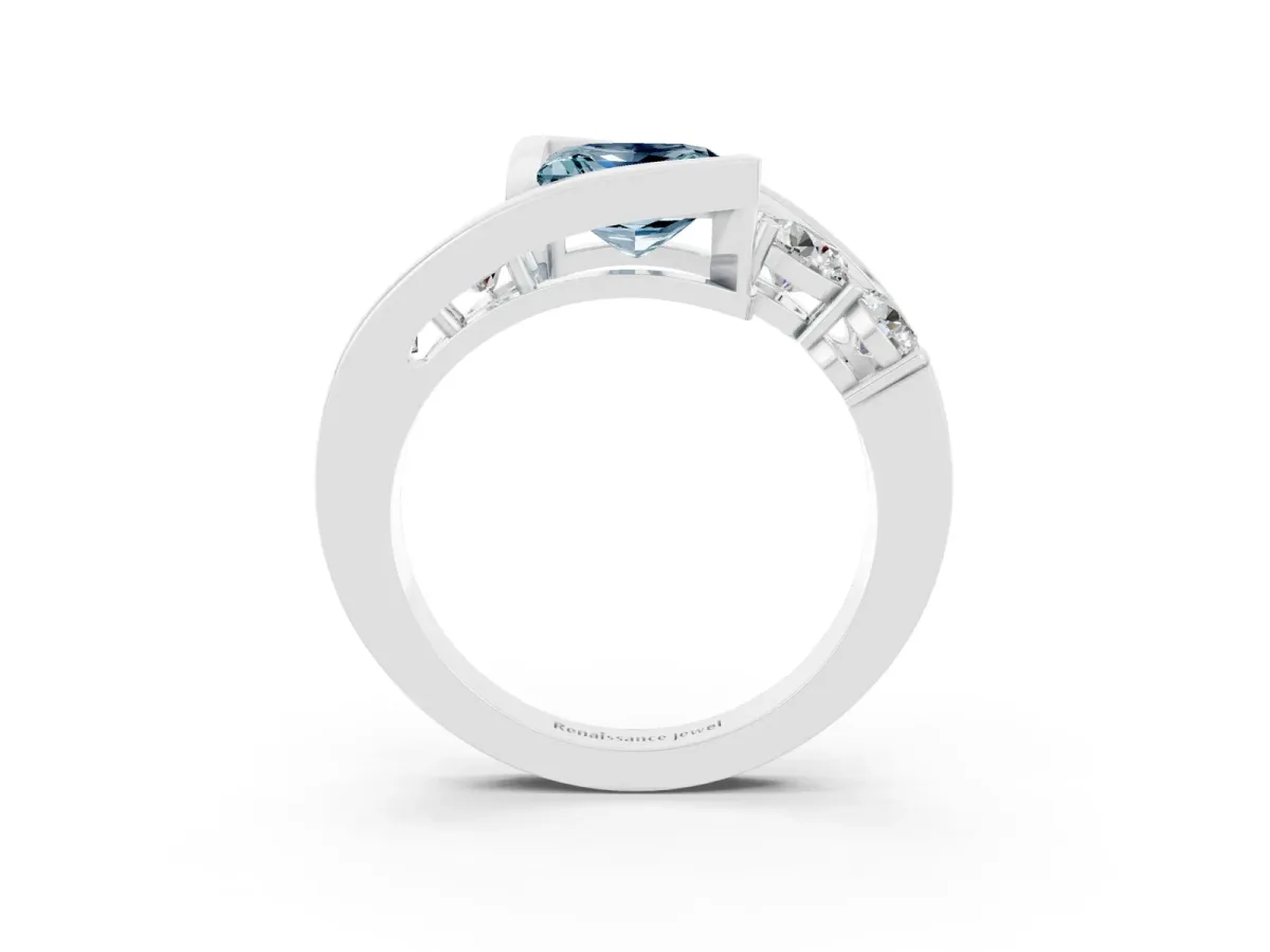 Bezel Set Princess Cut Aquamarine Bypass Ring with Round Accents Silver