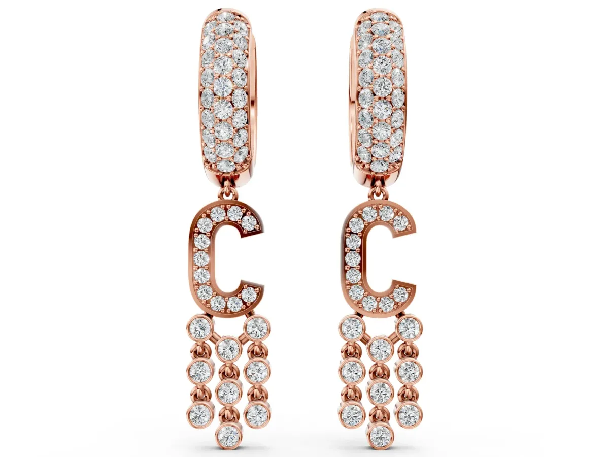 Round Diamond Initial C Huggie Hoop Earrings Rose gold