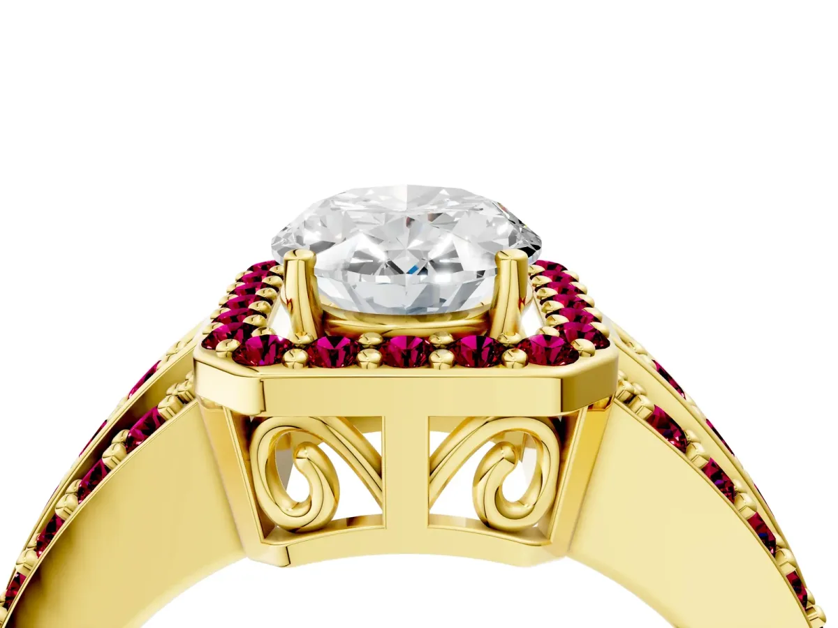 Oval Cut Halo Diamond Ring with Round Garnet Split Shank and Prong Setting Yellow gold