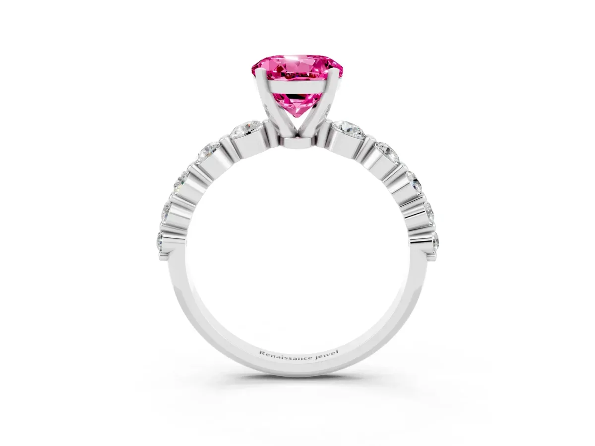 Round Cut Solitaire Pink Sapphire Ring with Pave Band and Four-Prong Setting Silver