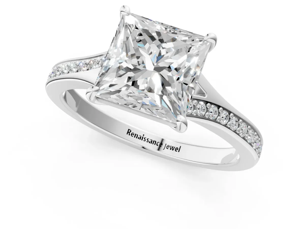 Princess Cut Diamond Solitaire Ring with Pavé Band and Prong Setting Silver