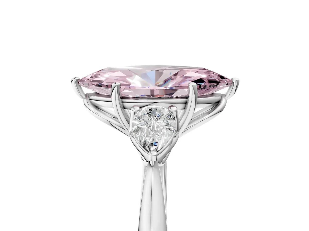 Fancy Pink Marquise Cut Diamond Three-Stone Ring with Pear Side Stones and Prong Setting White gold