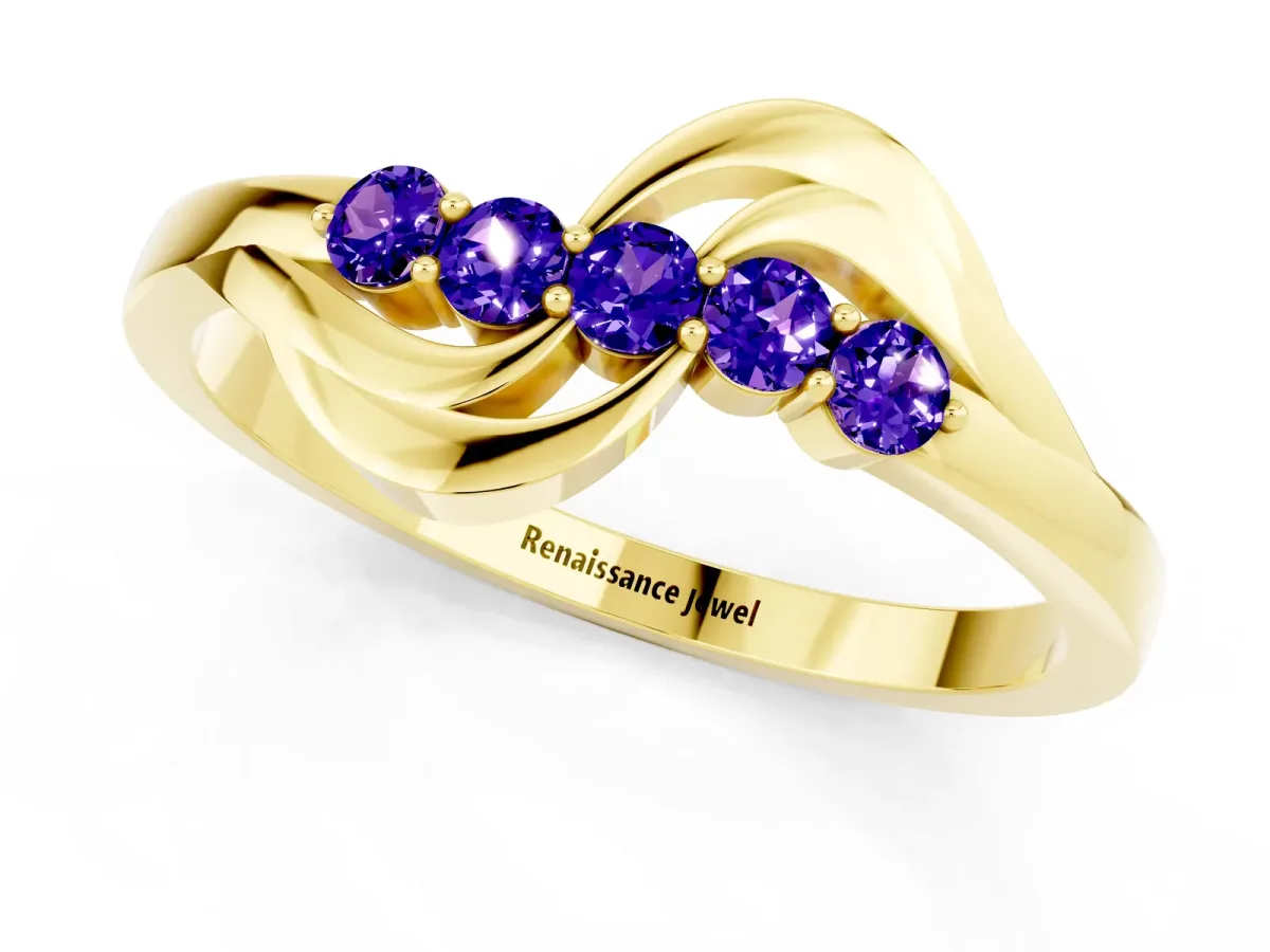 Five-Stone Round Tanzanite Crossover Band with Prong Setting Yellow gold