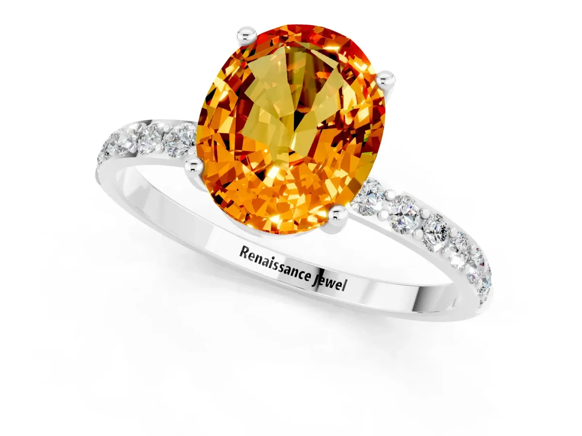 Oval Cut Citrine Solitaire Ring with Round Pavé Band and Prong Setting Silver
