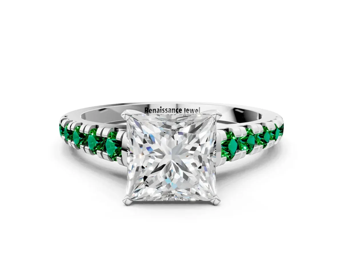 Princess Cut Diamond Cathedral Solitaire Ring with Round Emerald Pavé Band Silver