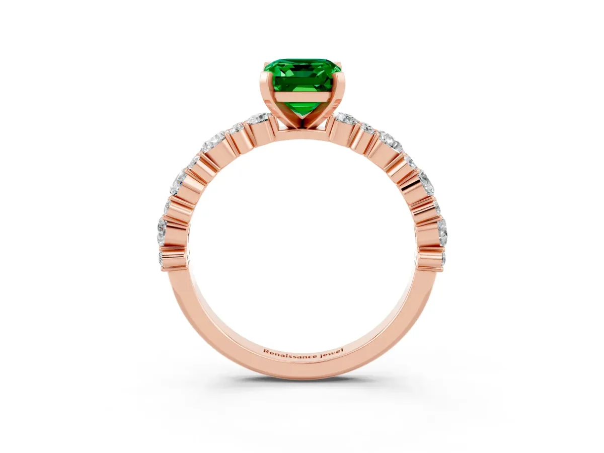 Emerald Cut Emerald Side Stone Solitaire Ring with Round and Four-Prong Setting Rose gold
