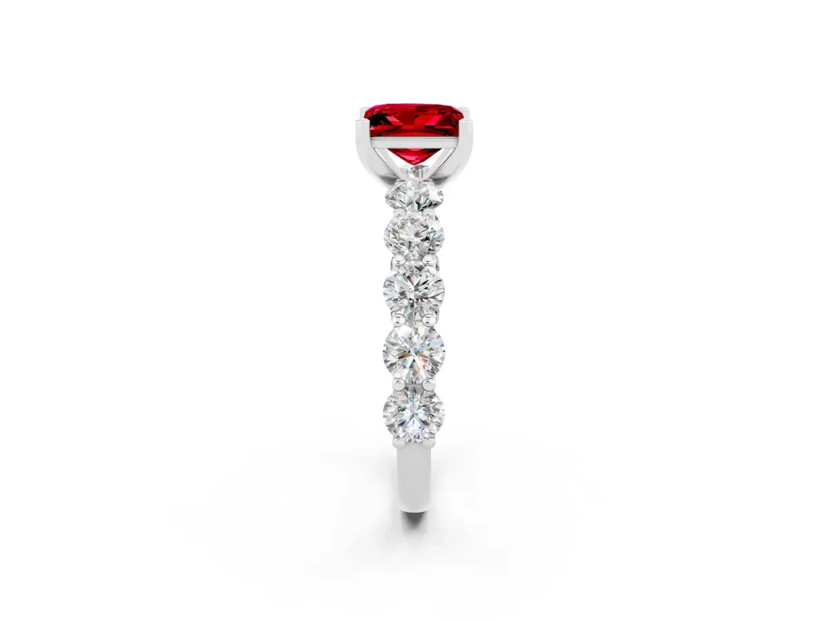 Princess Cut Ruby Prong Setting with Side Stones on a Pave Band White gold