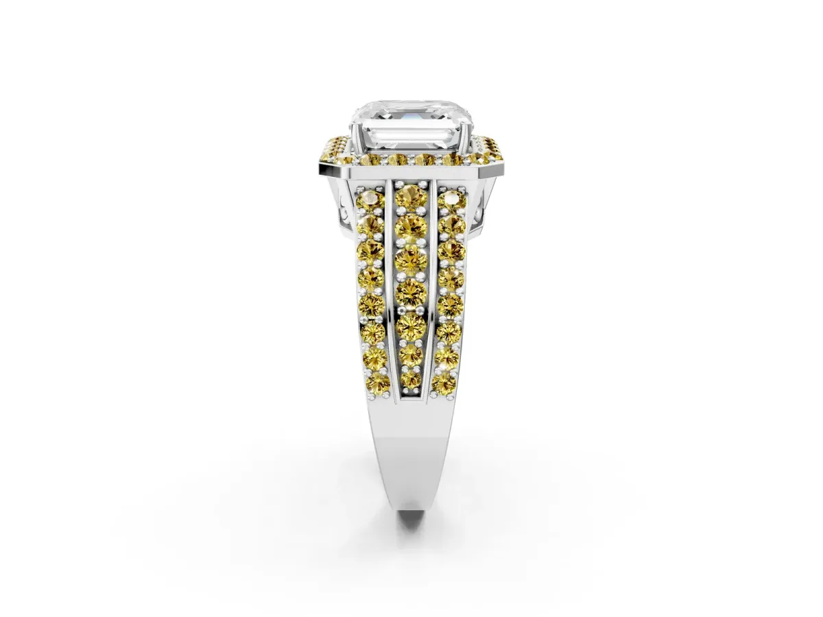 Asscher Cut Halo Diamond Ring with Round Yellow Sapphire Split Shank and Prong Setting Silver