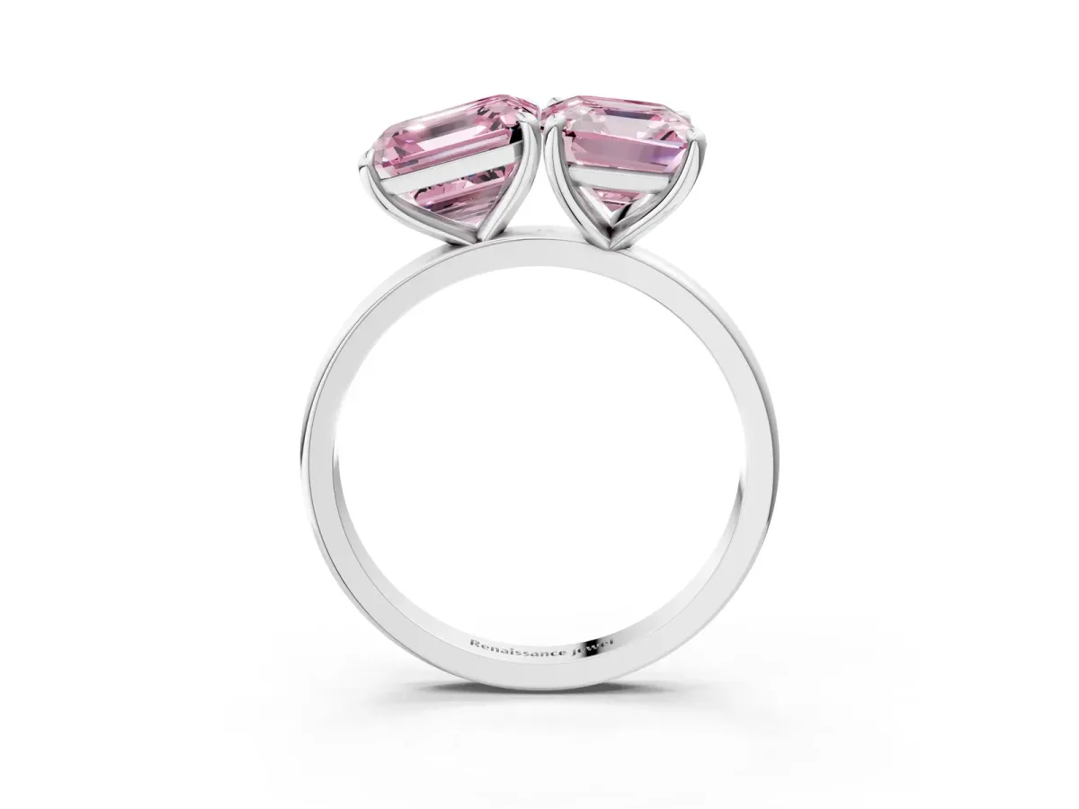 Fancy Pink Asscher Cut and Emerald Cut Toi Moi Ring with Prong Setting White gold