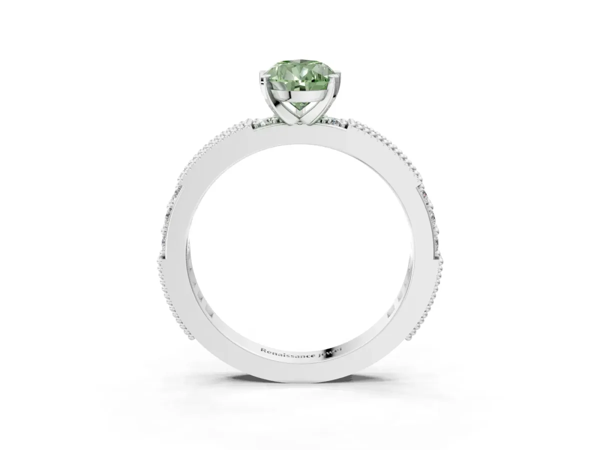 Fancy Green Pear Cut Solitaire with Pavé Band and Four-Prong Setting Platinum