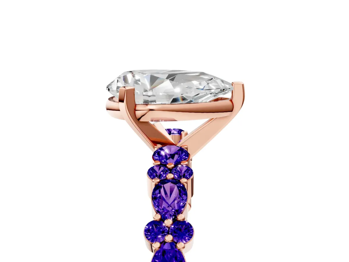 Pear Cut Diamond Side Stone Solitaire Ring with Round Tanzanite and Four-Prong Setting Rose gold