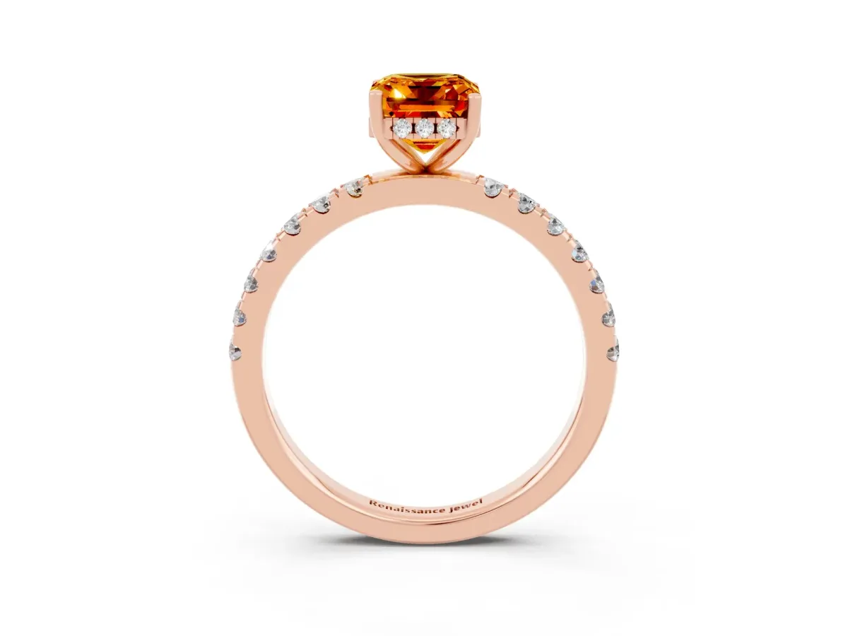 Emerald Cut Citrine Pave Band Solitaire Ring with Round and Prong Setting Rose gold