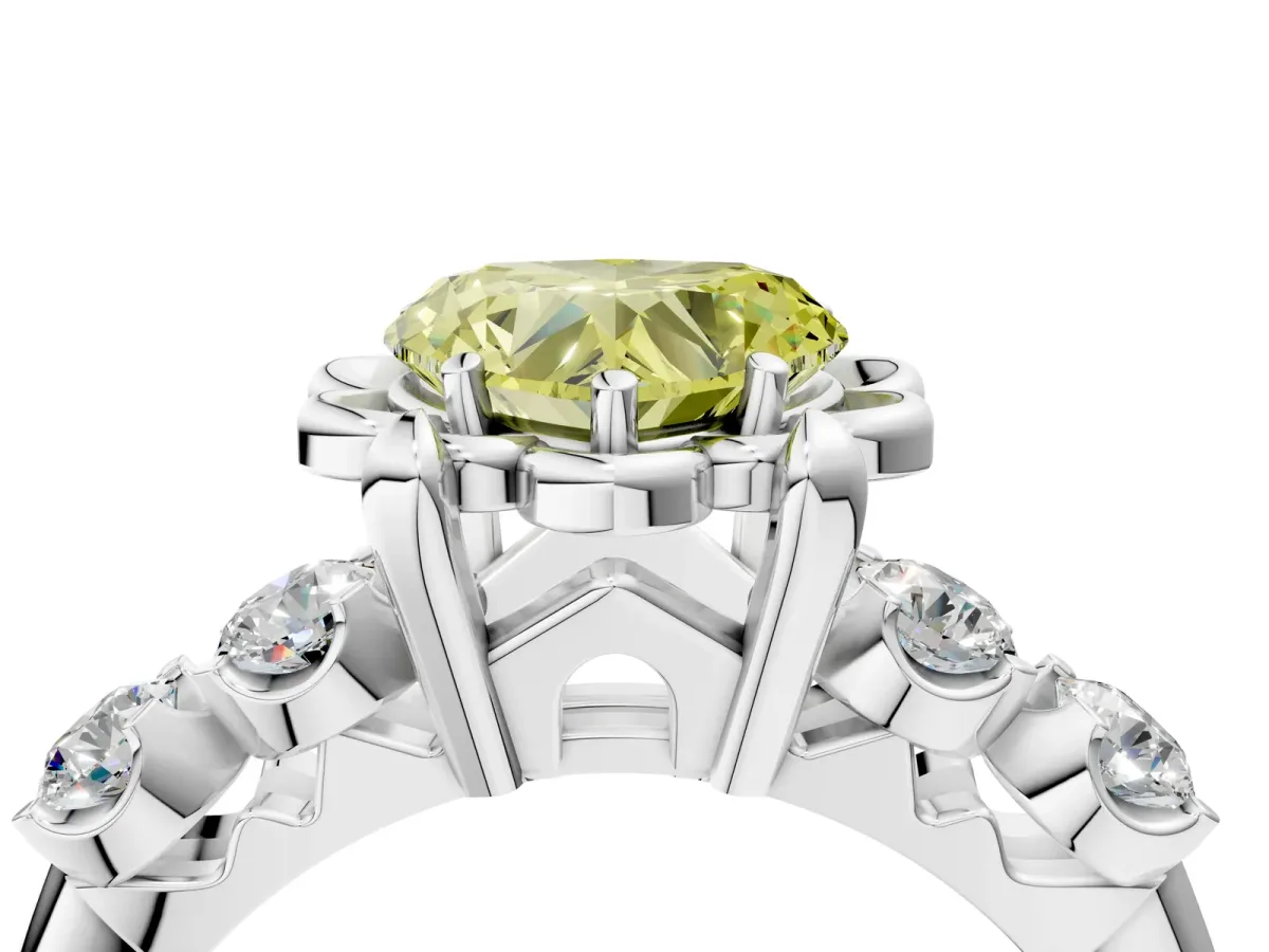 Fancy Yellow Heart Cut Cut Diamond Floral Halo Engagement Ring with Shared Prong Setting Silver