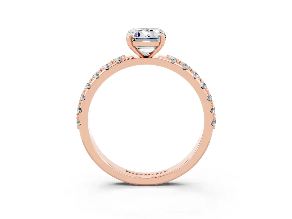 Emerald Cut Moissanite Solitaire Pavé Band with Four-Prong Setting Rose gold
