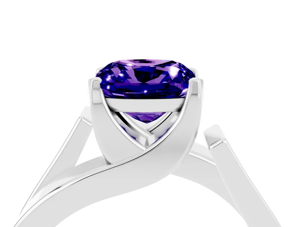 Modern Tension Set Cushion Cut Tanzanite Solitaire Wide Band Ring Silver