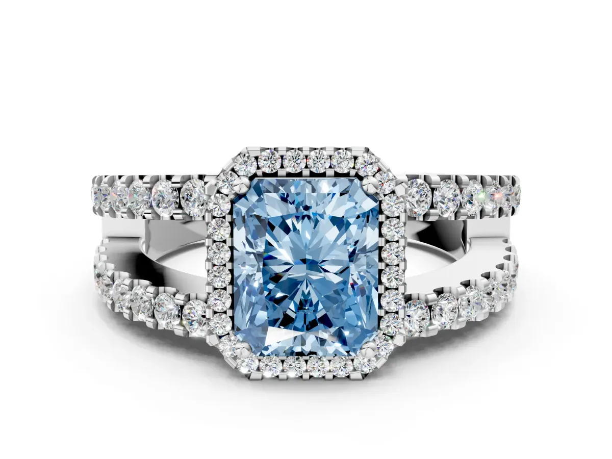 Fancy Blue Radiant Cut Cut Halo Split Shank Diamond Ring with Four-Prong Setting Platinum