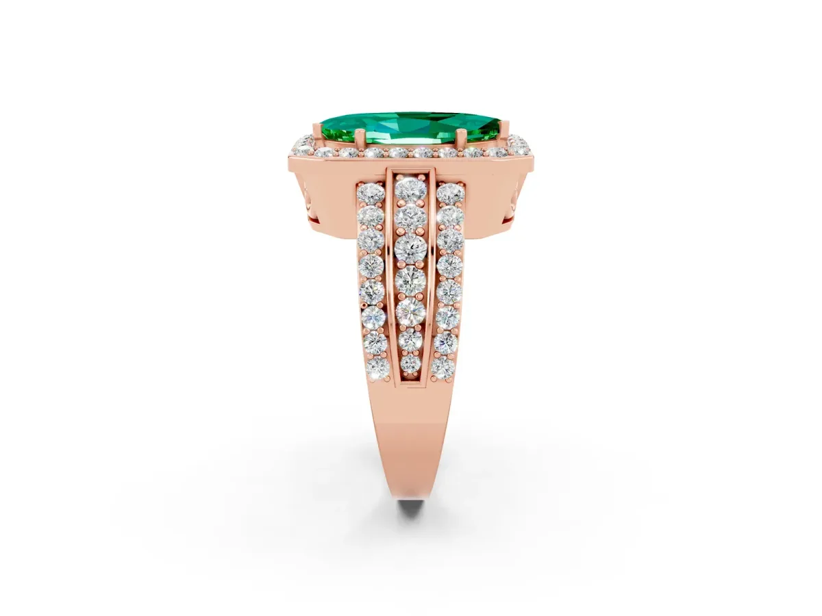 Marquise Cut Halo Emerald Ring with Round Split Shank and Prong Setting Rose gold