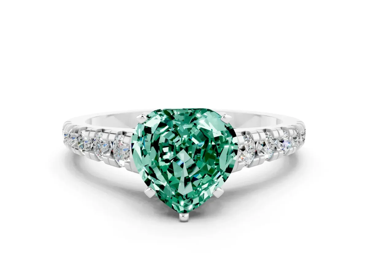 Heart Cut Green Sapphire Cathedral Solitaire Ring with Round Pavé Band Silver