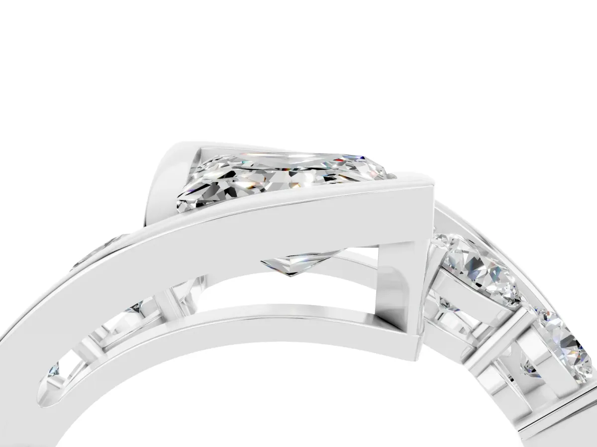 Bezel Set Princess Cut Moissanite Bypass Ring with Round Accents Silver