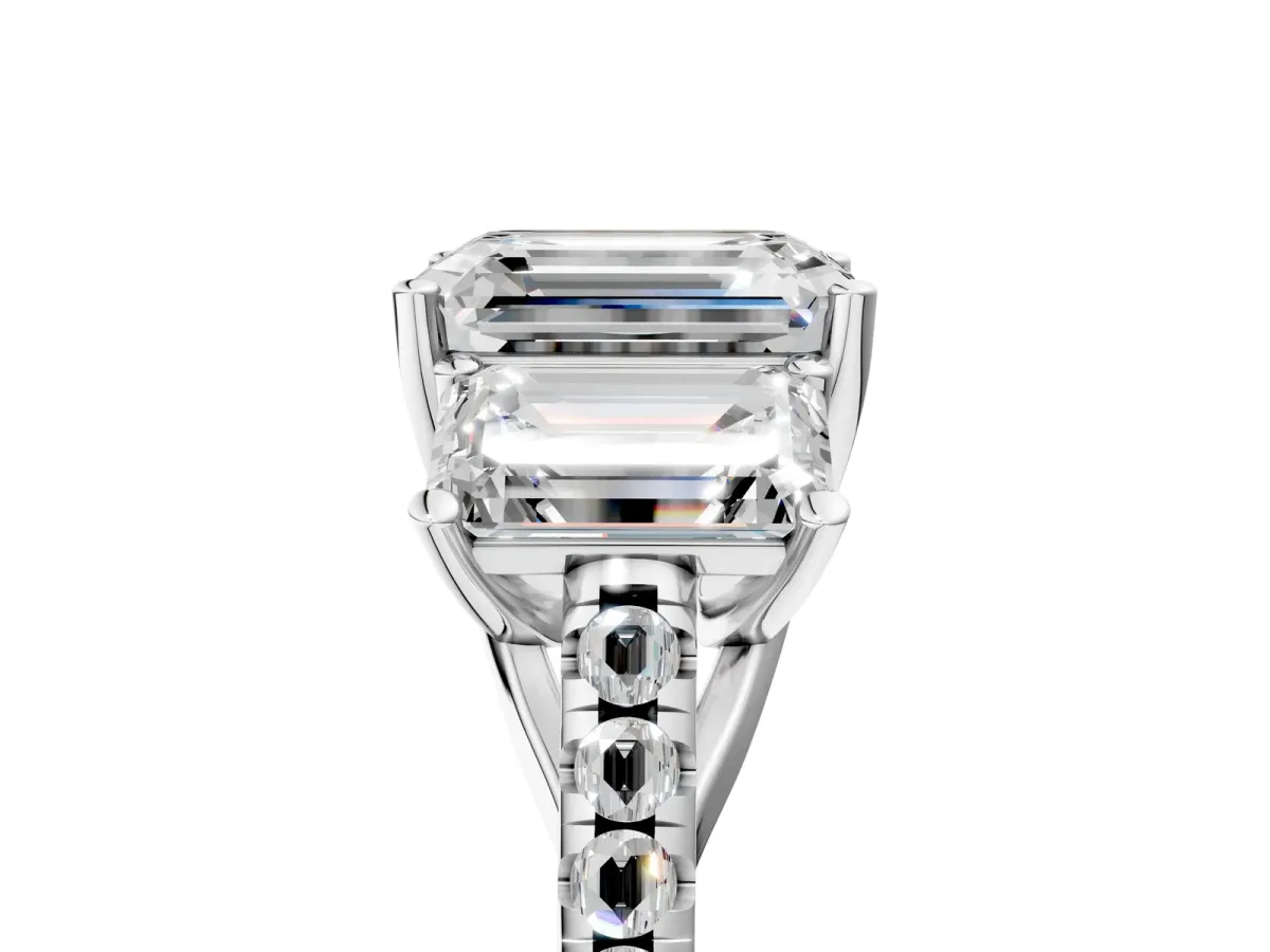 Three-Stone Emerald Cut Diamond Ring with Round Moissanite Pavé Band and Prong Setting Silver